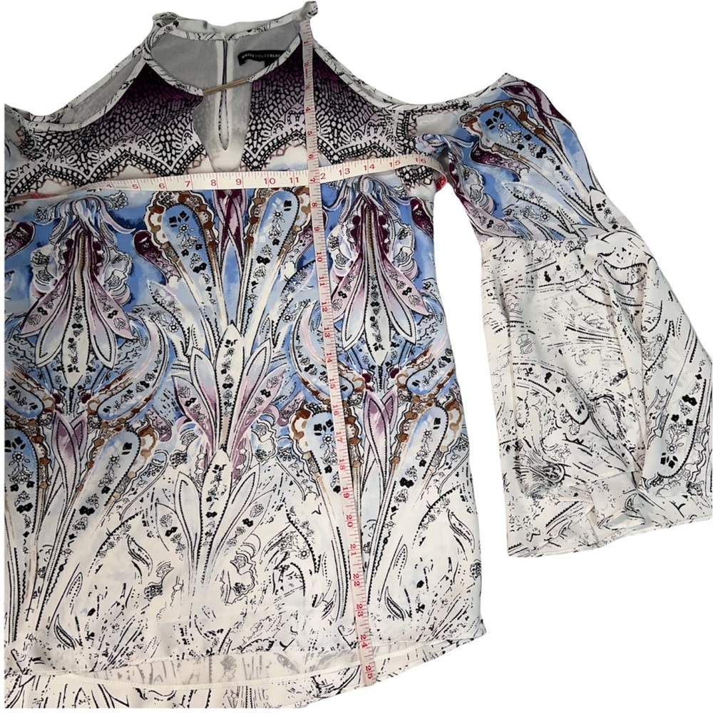 WHITE HOUSE BLACK MARKET Blouse Big Bell Sleeves Cold Shoulder Lined Top… - Picture 6 of 9